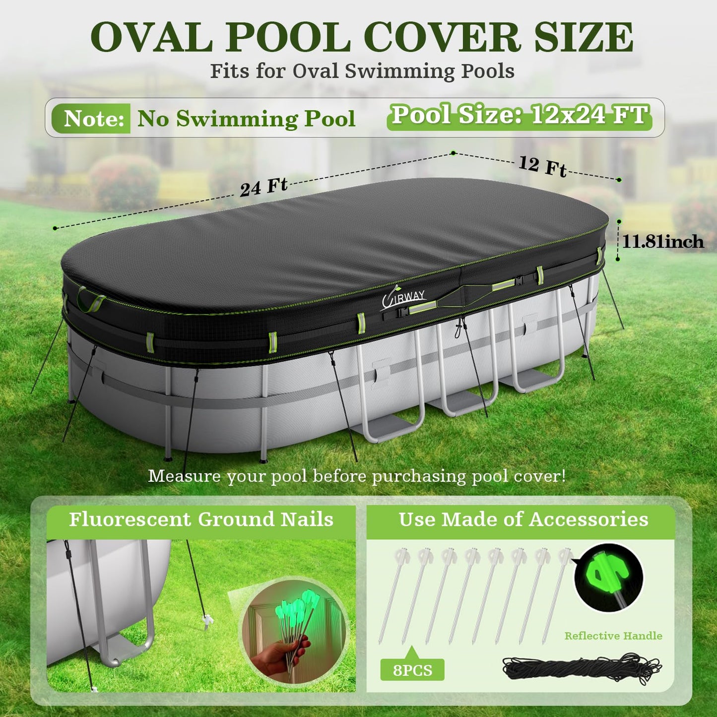 UIRWAY 12x24 FT Oval Pool Cover with Reflective Strips for Above Ground Pool, Oval Solar Pool Cover Including Windproof Rope Tie and Luminous Ground Nails, Swimming Pool Cover with 2 Handles