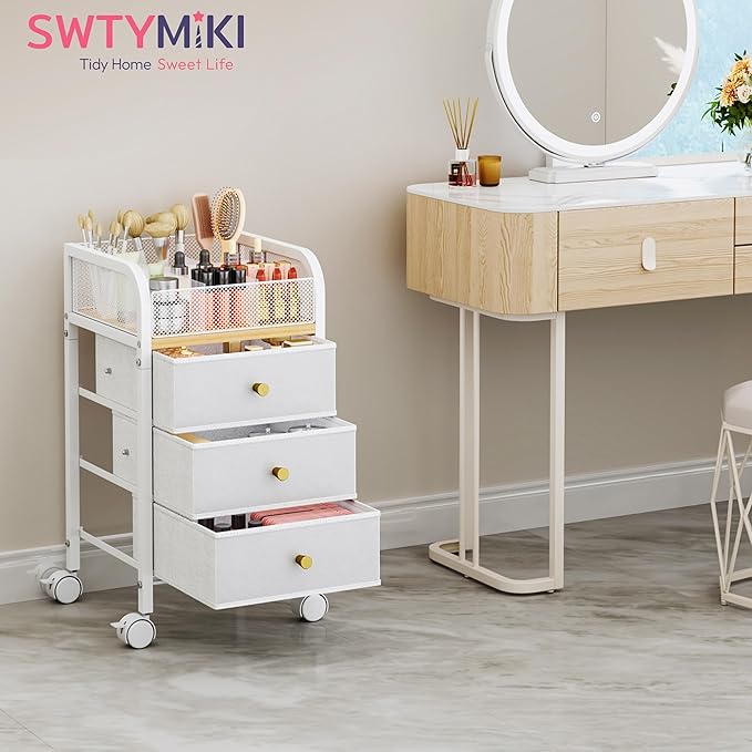 SWTYMIKI Rolling Makeup Organizer Cart - Under Desk Vanity Makeup Storage with 3 Non-woven Drawers, Nail Cart Organizer Cosmetic Display Cases Cabinet for Skin Care Perfume Nail Polish Brush Hair Tool