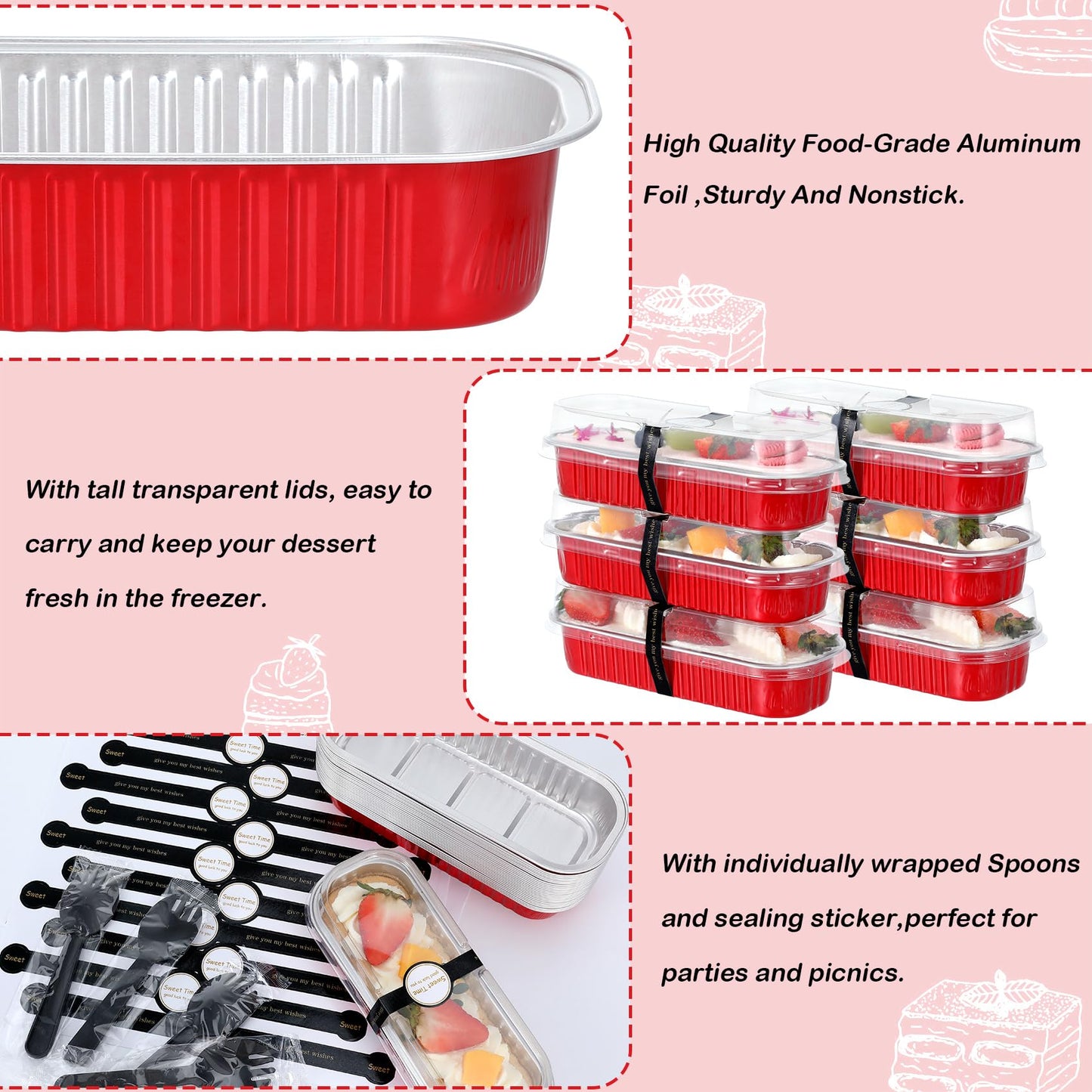 EgticHome Mini Loaf Pans with Lids and Spoons (100 Pack, Red, 6.8oz) Rectangular Aluminum Foil Baking Pans