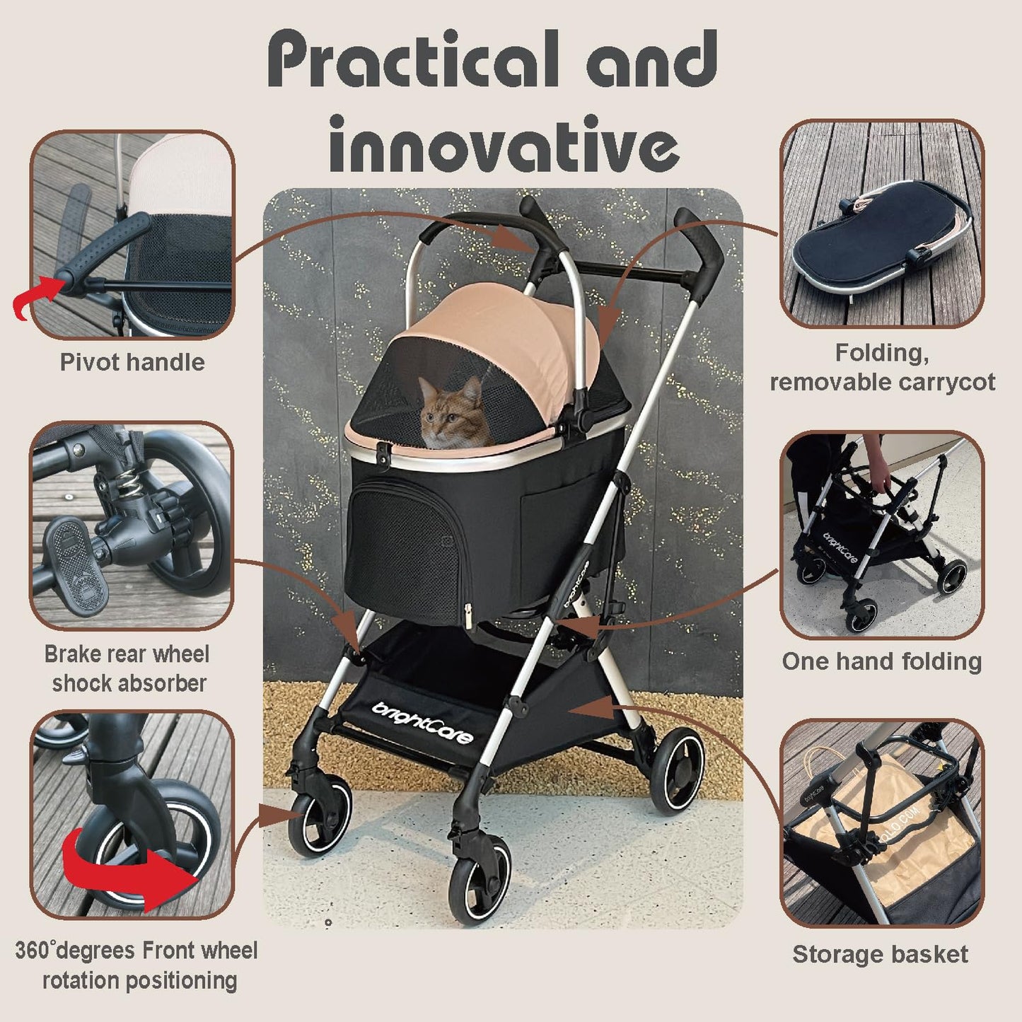 BRIGHTCARE Pet Stroller for Small Dogs & Cats Under 20 lb with Detachable Carrier, Converts to Car Seat, Ultra-Lightweight only 11lb, One Hand Fold