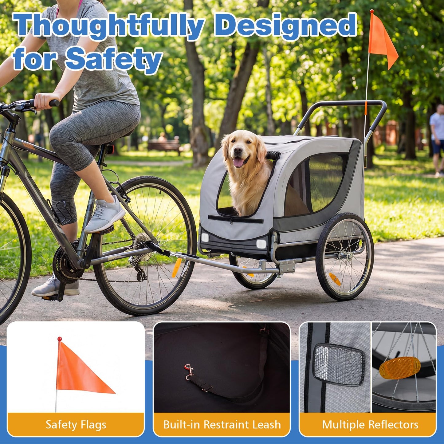 Giantex 2-in-1 Dog Bike Trailer & Pet Stroller for Large Dogs – Foldable Pet Carrier Cart with Front Caster & 2 Air-Filled Tires, Breathable Mesh, PVC Rain Cover, 176 lbs Capacity (Light Gray)
