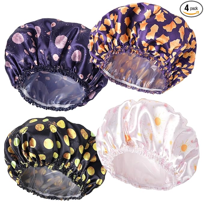 4 PCS Shower Cap for Women, Elastic and Reusable Bath Caps, Double Layers Shower Caps Reusable Waterproof, Bathing Shower Caps, Environmental Bath Hair Protection Cap - Ginkgo Leaf