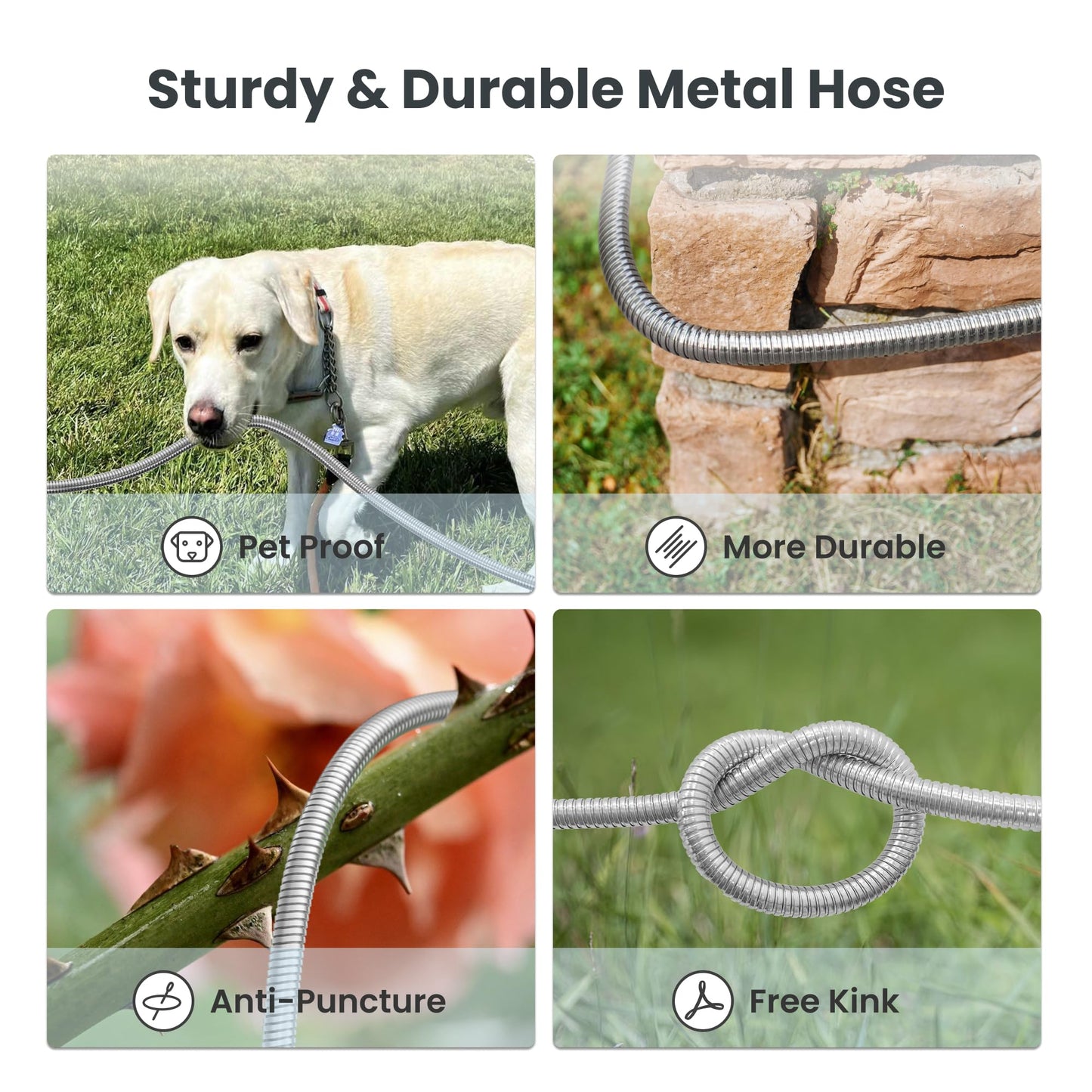 Giraffe Tools Garden Hose 50ft x 5/8", 304 Stainless Steel Metal Water Hose, No Kink Garden Water Hose with 9 Pattern Spray Nozzle, Flexible, Lightweight, Kink Free Hose for Yard, Outdoor