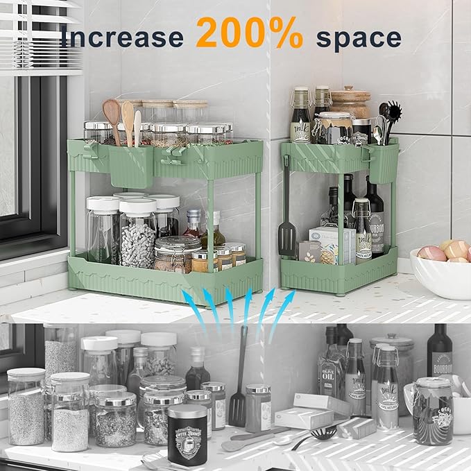 Sevenblue 2 Pack Under Sink Organizer, Under Bathroom Cabinet Organizer with Hooks Hanging Cup, Multi-Purpose Storage Shelf for Kitchen Bathroom (Green, 14.8 Inch)