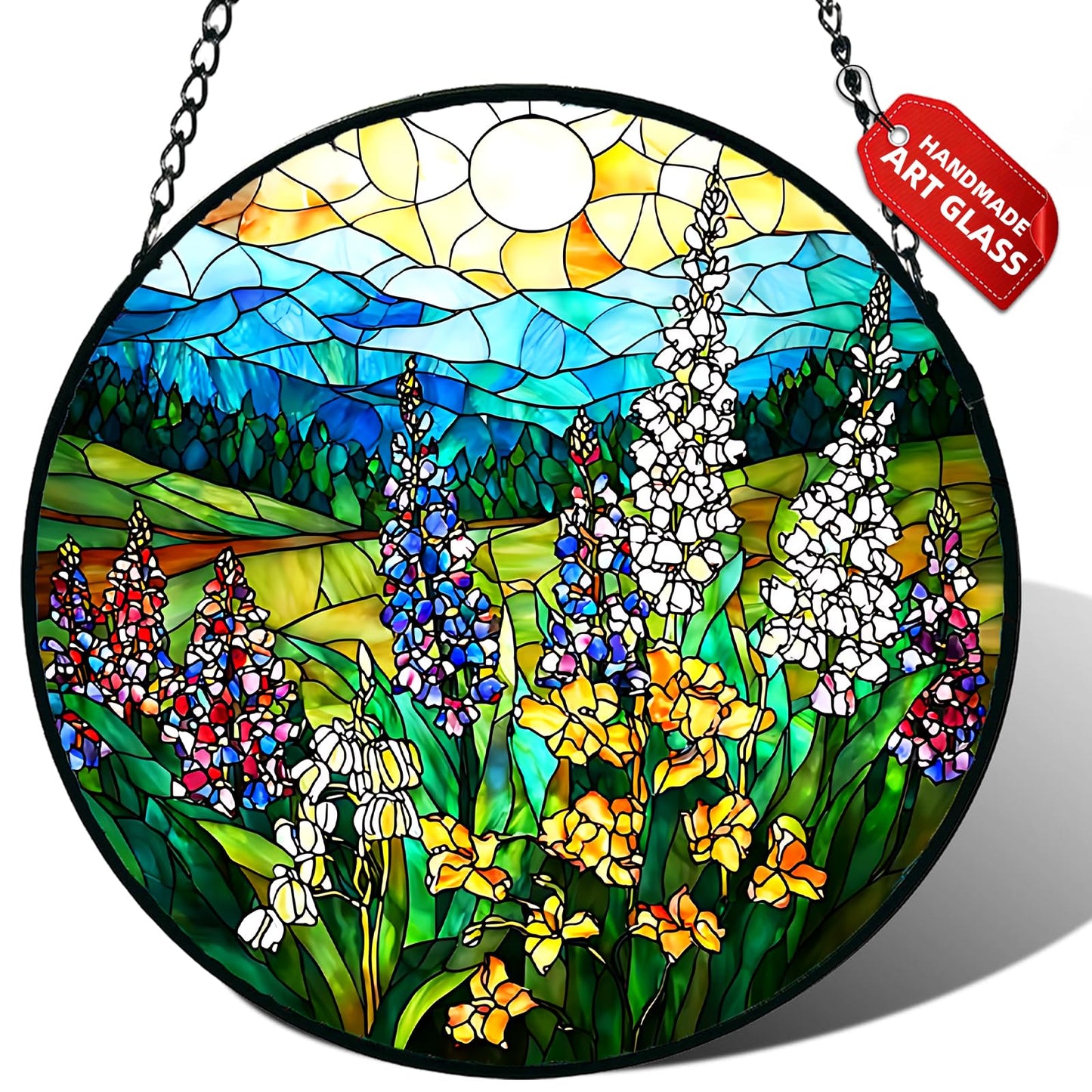 Stained Glass Window Hanging, Wildflowers Plant Scenery Suncatcher for Door Home Decor,Valley Sunrise Sun Catcher Ornament Mother's Day Birthday Gifts for Women Men Mom 7.8 in