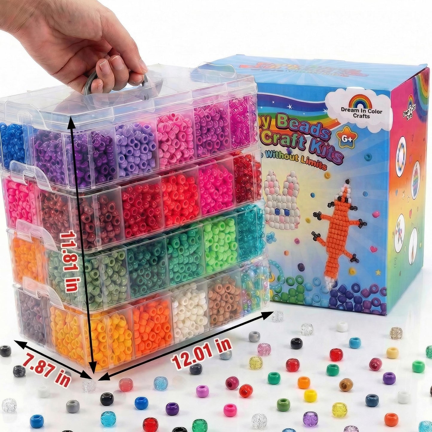12000Pcs Pony Beads Kit, 40 Colors Rainbow Rave Kandi Beads for Bracelets Friendship with Neon Glow Beads Bulk for Hair Braiding DIY Jewelry Making Craft Kits (Shock Resistant Stackable Box, 9.2lb)