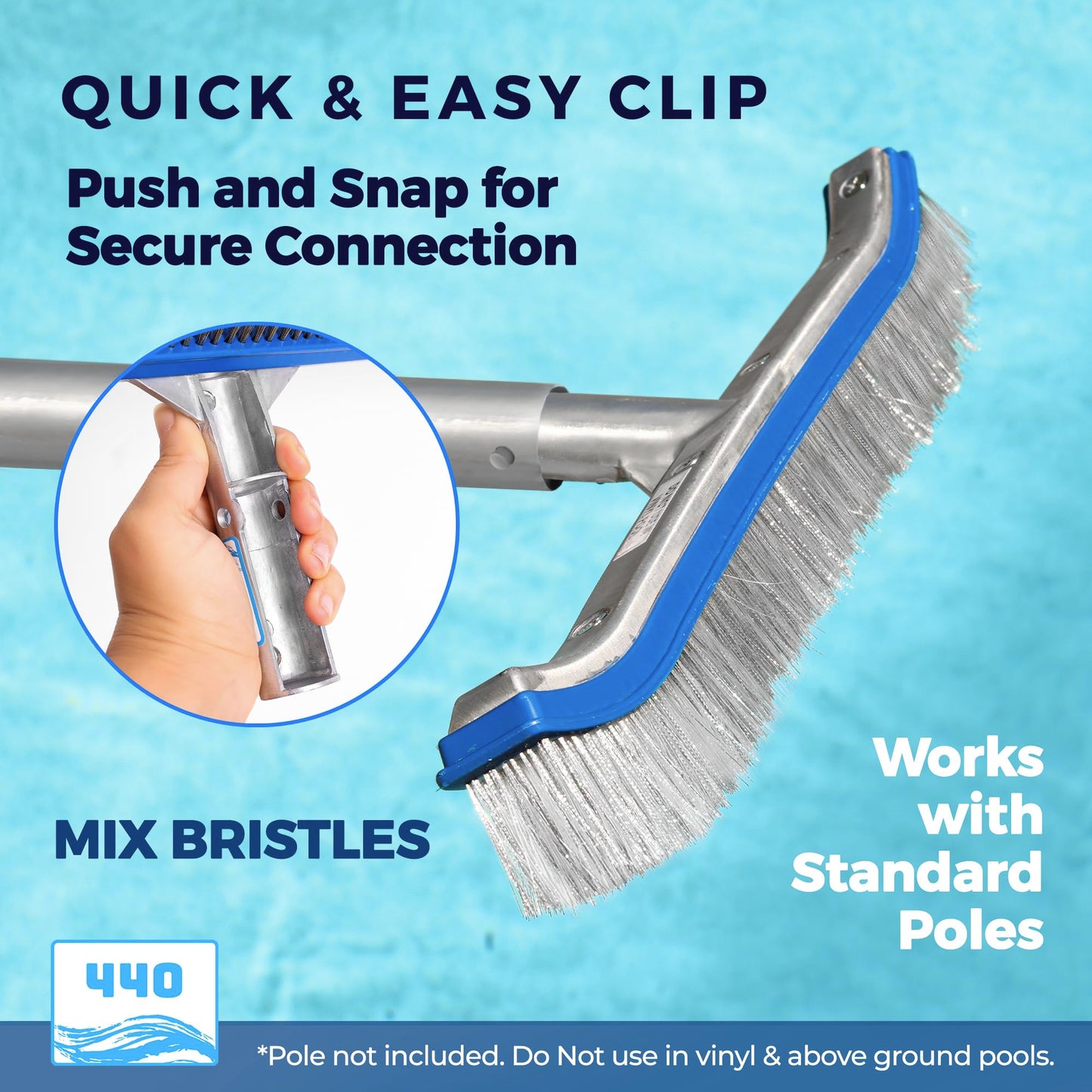 440 Combo Nylon and Stainless Steel Pool Brush - 18-Inch Heavy Duty Pool Brush Head for Cleaning Inground Pool Tiles, Walls, Floor and Steps - Scrub Brush Replacement Head, Strong Bristles - No Pole
