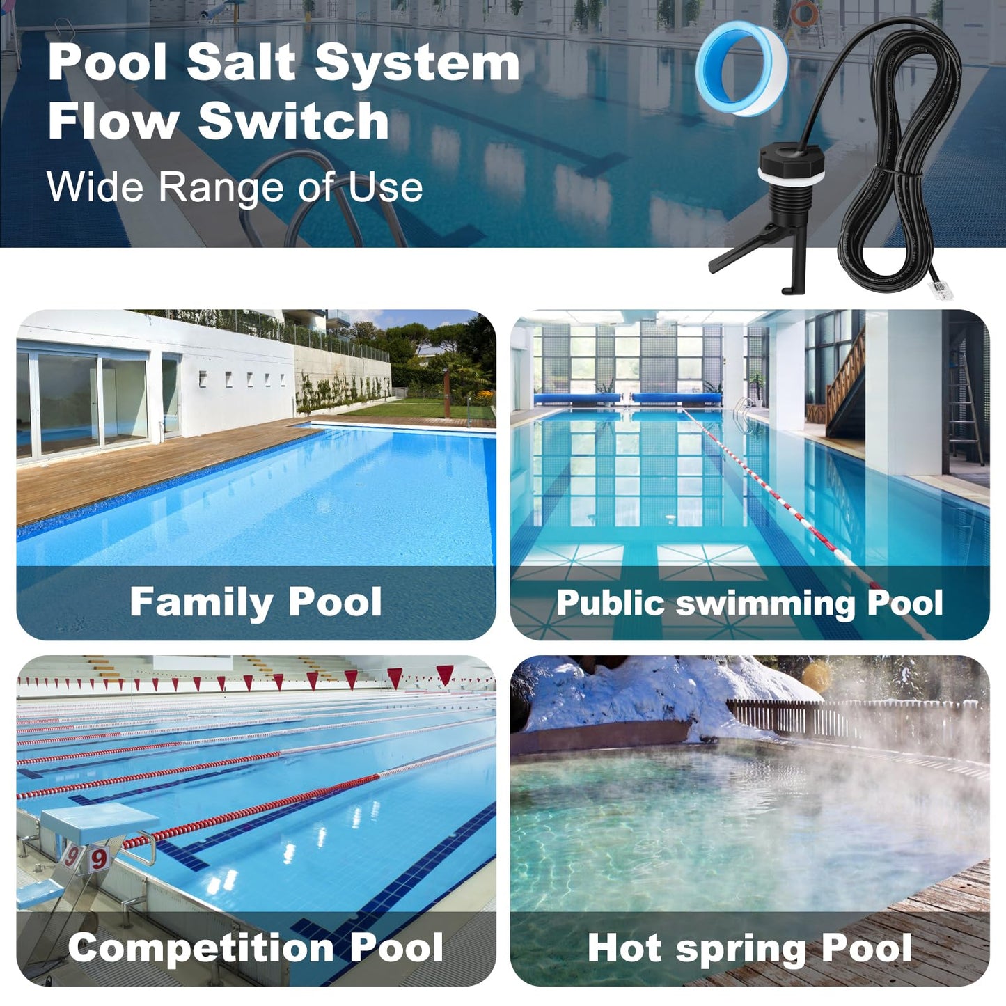 GLX-FLO-RP Flow Switch for Hayward Goldline Aquarite Salt Systems - Pool Flow Sensor with 15ft Cable - Replaces GLXFLORP - Protects Salt Cell & Chlorine Generator