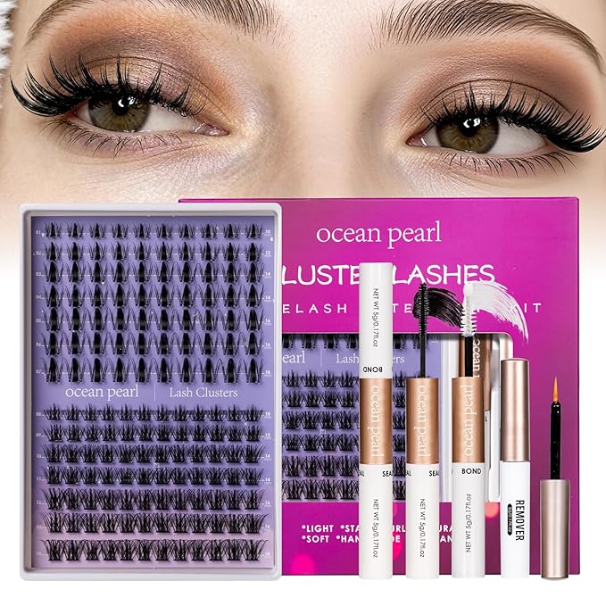 Ocean Pearl Lash Clusters Kit 154pcs 10-18mm manga/anime-inspired lashes clusters,spike-effect cluster lashes,Eyelashes,DIY Cluster Eyelash Extensions kit with lash bond+seal+remover+tweezers-M32+M35