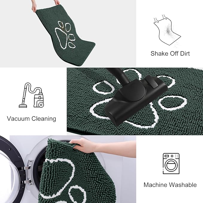 Smiry Dog Door Mat for Muddy Paws, Absorbent Dirt Trapper Non Slip Quick Dry Washable Chenille Mat for Mud Dogs, Entry Rug for Indoor and Outdoor (40x32 Inches, Green and White)