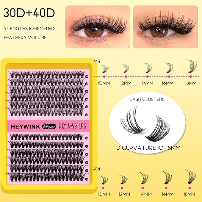 Lash Extension Kit DIY Lash Clusters Eyelash Extension Kit, 10-18mm 30D 40D Individual Lashes Kit Natural Lash Clusters with Lash Bond and Seal, Lash Tweezers for Beginner(30D+40D 10-18MM Kit)
