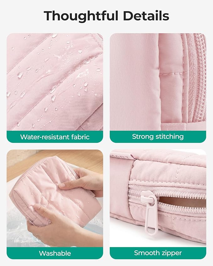 BAGSMART Small Travel Makeup Bag for Purse Toiletry Pouch, Puffy Padded Mini Cosmetics Bag, Cute Make Up Pouch for Women with Slip-in Pocket, Travel Essentials for Toiletries, Baby Pink