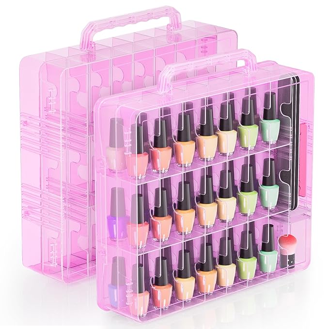 Nail Polish Organizer Pack of 2, Portable 48 Bottles Clear Nail Polish Holder with Adjustable Divider, Gel Nail Polish Storage Double Side Nail Polish Organizer Case for Nail Tech Pink