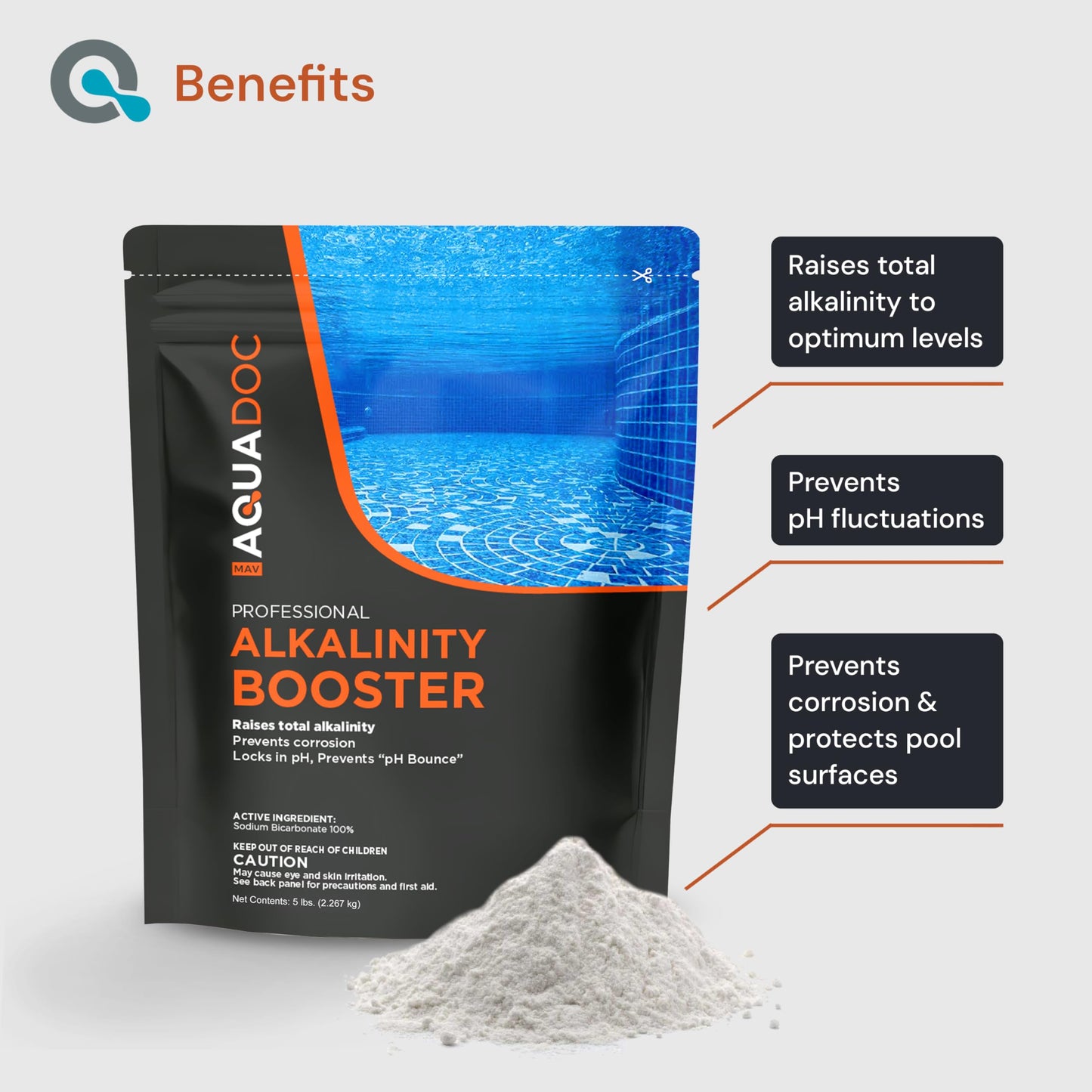 MAV AquaDoc Pool Alkalinity Increaser - 5lb - Sodium Bicarbonate Alkalinity Increaser for Swimming Pools - pH Increaser - Pool Chemicals Made in USA