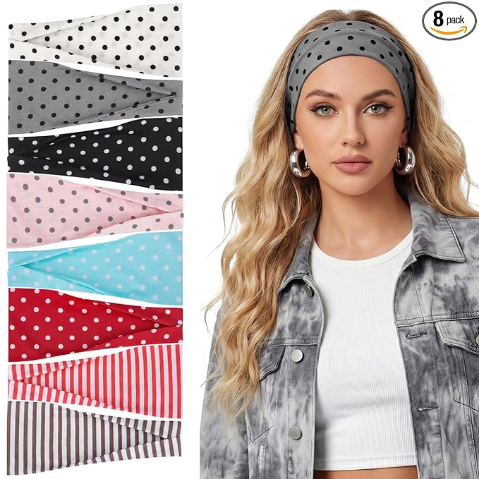 obeoby 8 Pack Polka Dot Headband for Retro Y2K Style, Trendy Stripe Hairbands for Festival Outfits Girls Non Slip Head Bands for Women's Hair
