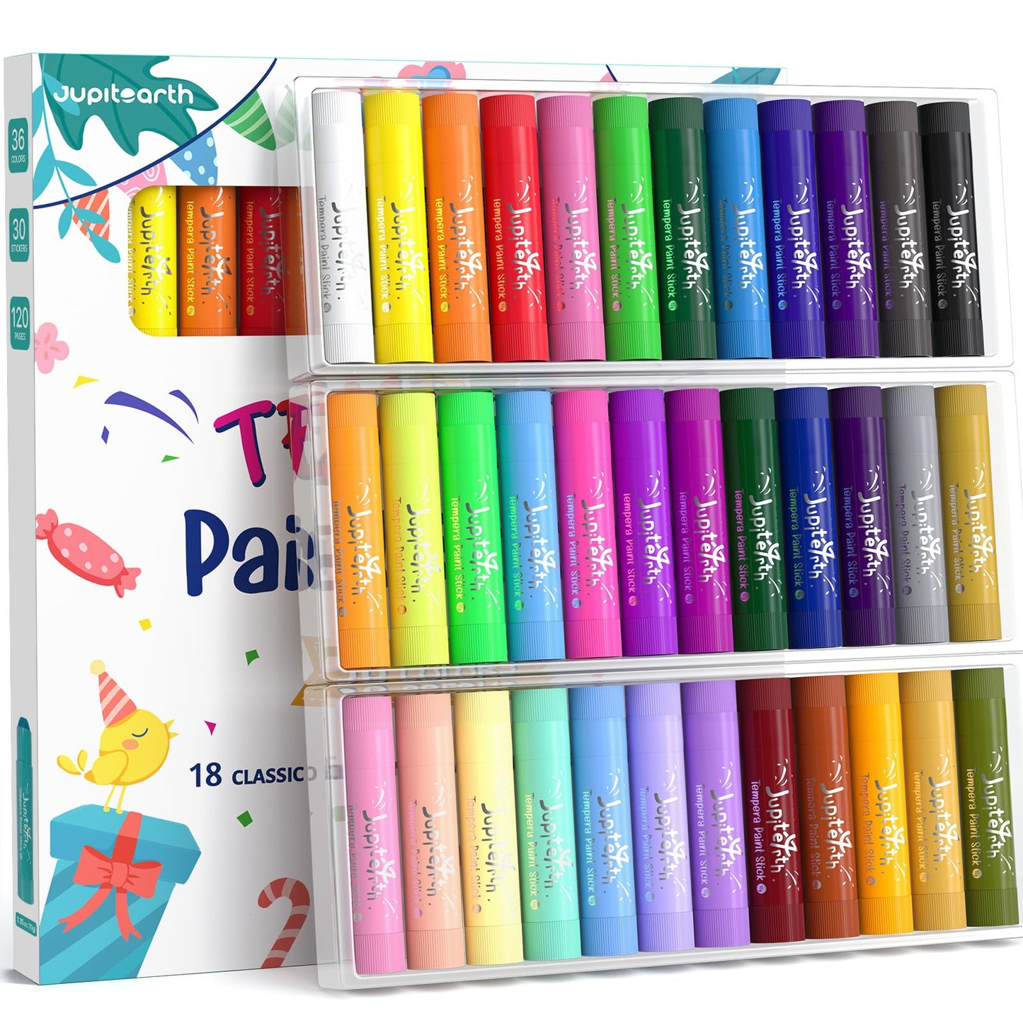 JUPITEARTH Paint Sticks for Kids 36 Colors, Quick Drying, Smooth, Non-Toxic and Washable Solid Tempera Paint Sticks with 120 PDF Coloring Pages and 30 Stickers, Toddler Art Supplies for Drawing