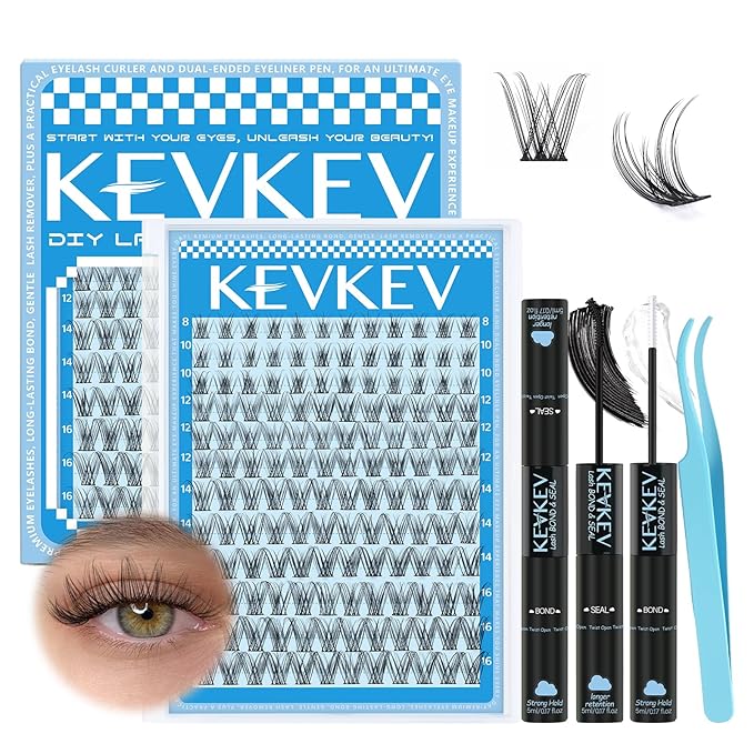 KEVKEV Wispy Lash Clusters Kit Ultra-thin Band Natural Eyelash Clusters 8-16mm Lash Extension Kit Mix Length Clear Band Natural Look Cluster Eyelash Extensions With Lash Bond Lash Tweezers (Wispy06)
