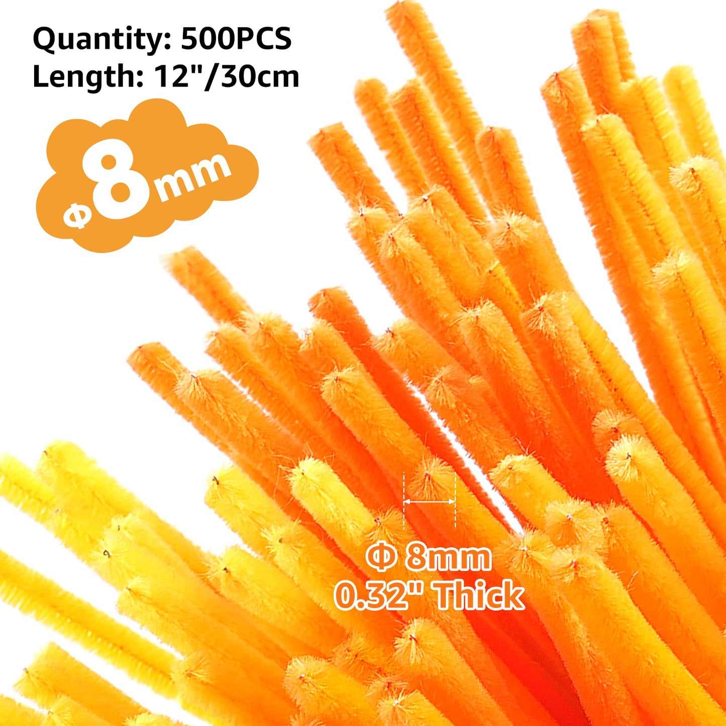 YONOVO 500 Pcs Orange Pipe Cleaners for Crafts Flowers Bulk 8mm Thick 12 inch Long, Yellow Pipecleaners Chenille Stems Fuzzy Sticks Wire Tiges Chenilles for Kids Craft Supplies (Gradient Orange)