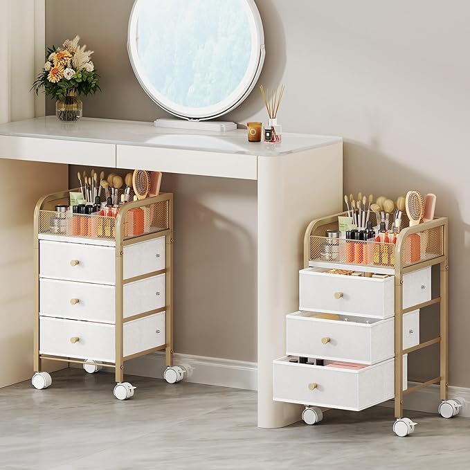 SWTYMIKI Rolling Makeup Organizer Cart - Under Desk Vanity Makeup Storage with 3 Non-woven Drawers, Nail Cart Organizer Cosmetic Display Cases Cabinet for Skin Care Perfume Nail Polish Brush Hair Tool