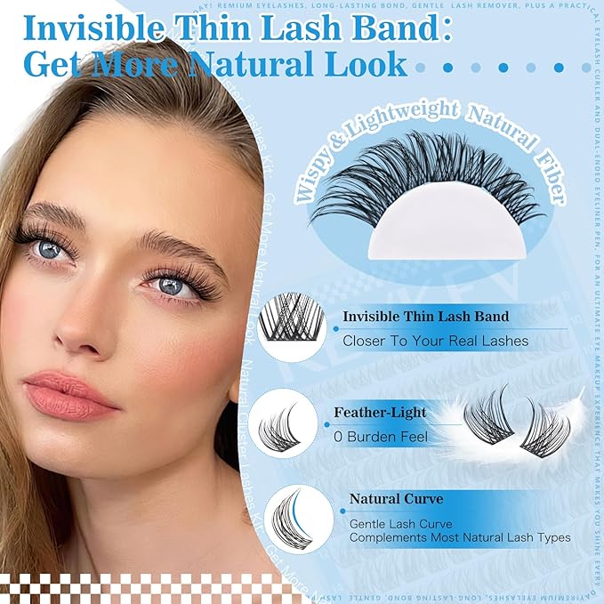 Wispy Lash Clusters Ultra-Thin Band Natural Eyelash Clusters 8-16mm Soft Cluster Eyelash Extensions Mix Length Ultra-Light Natural Look Natural Lash Clusters DIY Lash At Home(Wispy04)