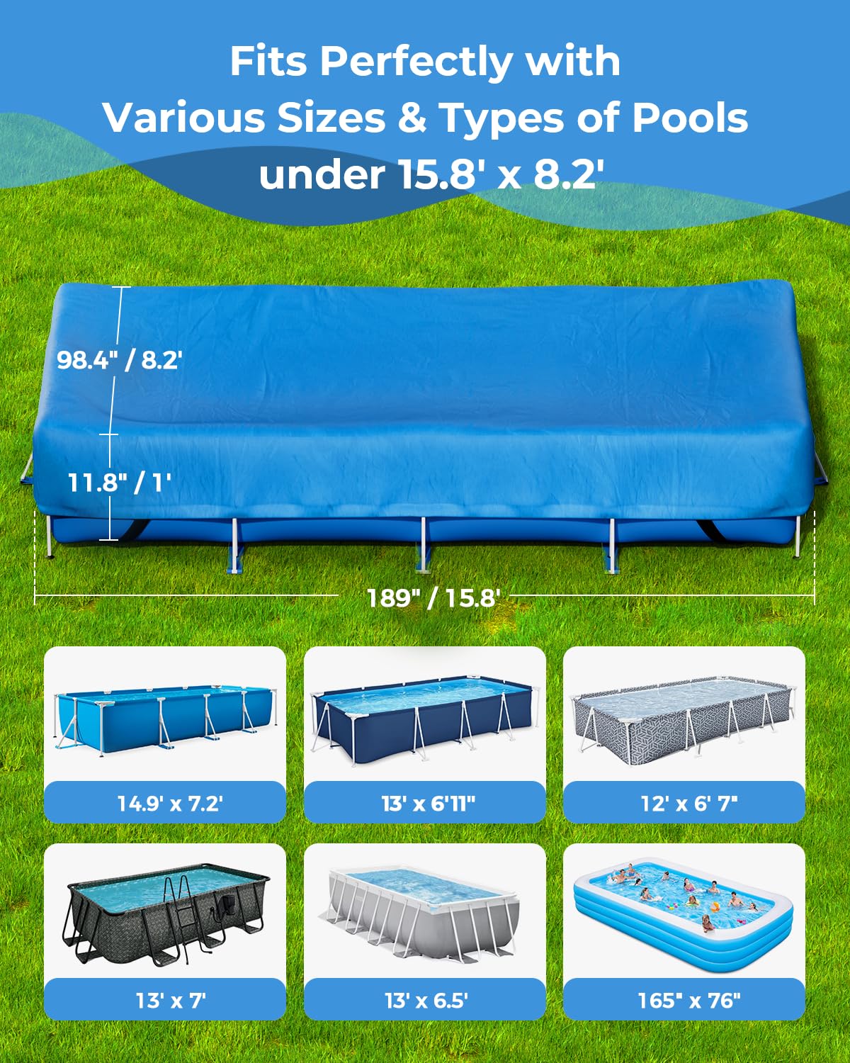 Reinmoson Rectangle Pool Covers for Above Ground Pools Fits 12’ x 7’ to 15’ x 8’ Pools, Rectangular Inflatable Pool Cover with Elastic Edge & Integrated Drawstring for Bestway/Intex/Coleman Pool