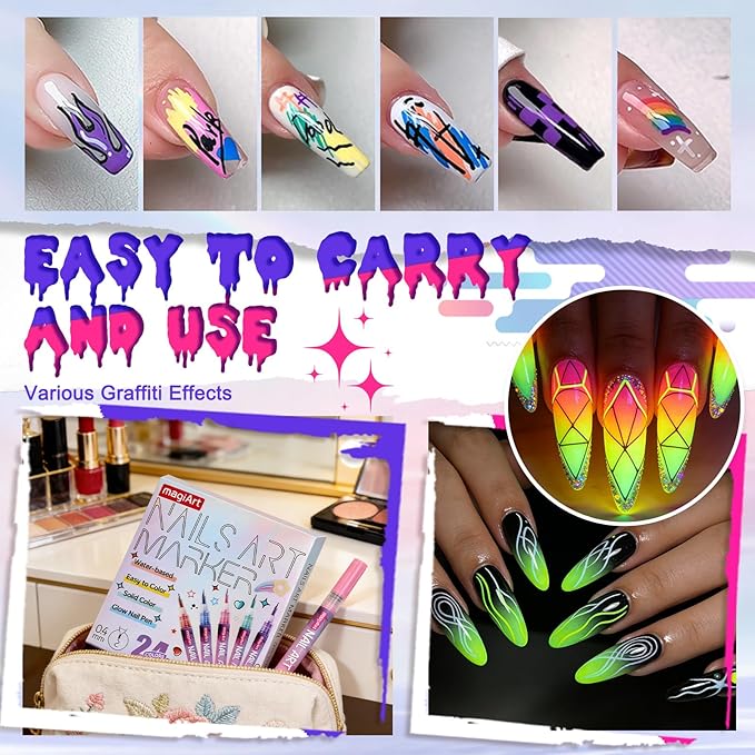 24 Color Nail Art Pens, Classic & Neon Nail Markers Set 0.5 MM Fine Tip Nail Polish Pens Drawing Painting Point Liner Painted Pen Kit, Waterproof DIY Nails Art Design Manicure Tools