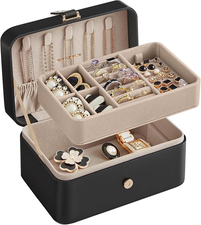 SONGMICS Jewelry Organizer Box, Travel Jewelry Case, 2-Layer Travel Case for Earrings, Necklaces, Bracelets - Portable Jewelry Storage with Large Capacity, Gift Idea, Ink Black UJBC166B01