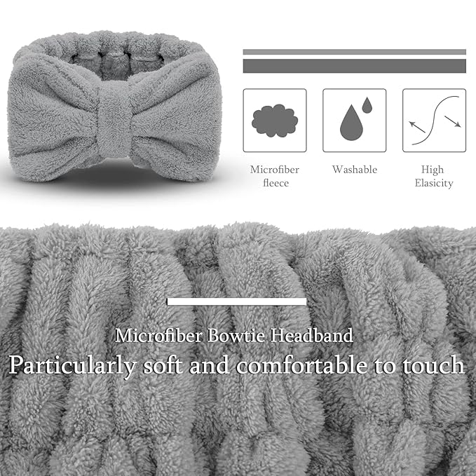 3 Pieces Towel Headbands for Women Makeup Headband for Washing Face Makeup Spa Headband, Microfiber Bowtie Shower Headband for Women (Light Gray)
