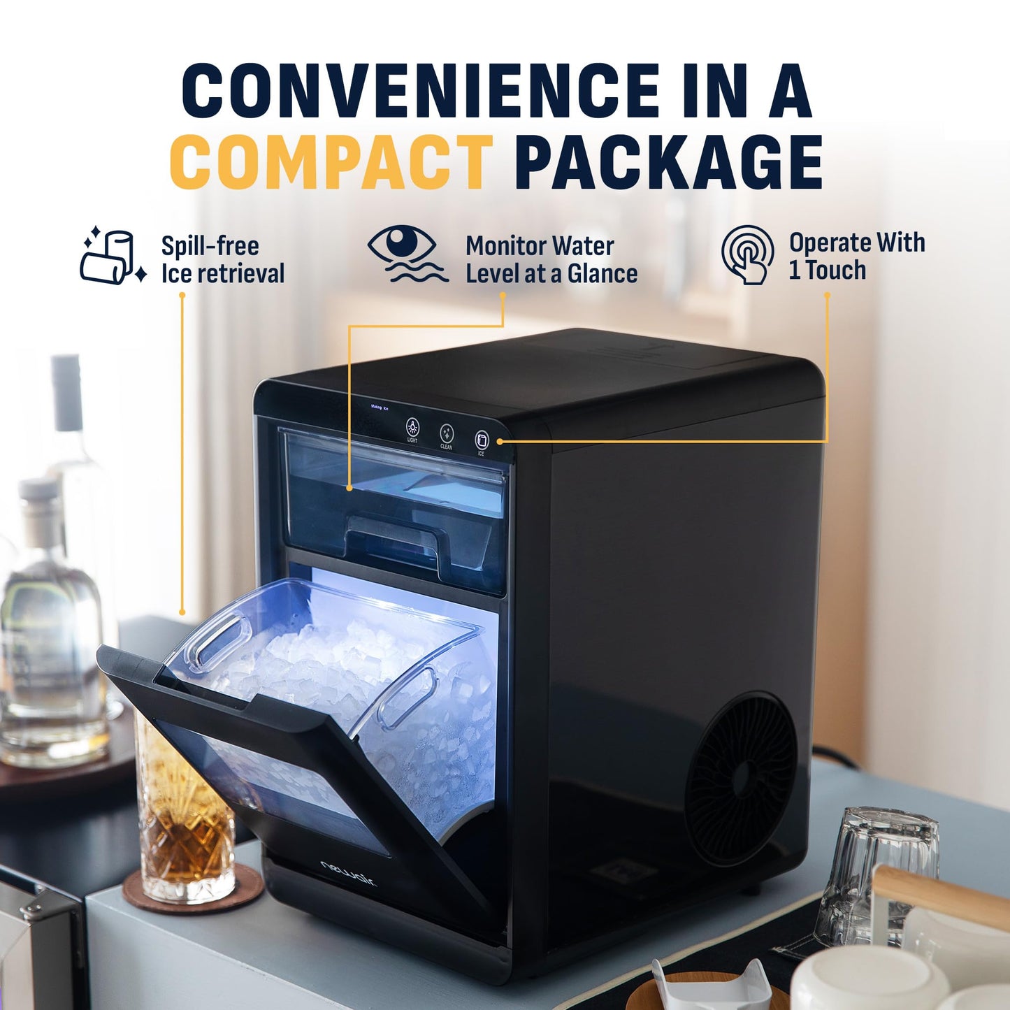 Nugget Ice Maker Countertop | 44 lbs/Day Pebble Ice Machine with Self-Cleaning | Soft Chewable Pebble & Sonic-Style Ice | Black Stainless Steel