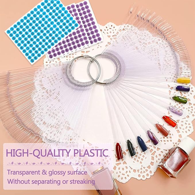 BQAN 200 Pcs Nail Swatch Sticks with Ring Ã¢ÂÂ Nail Supplies, Stuff, Tools & Accessories for Color Display and Practice, Includes 4 Pack Number Stickers, Nails Thing for Home & Salon Manicure