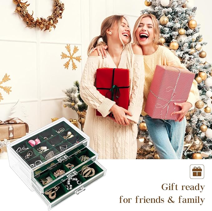 ProCase Earring Holder Organizer Jewelry Box with 3 Drawers, Acrylic Clear Earring Case with Adjustable Velvet Trays for Women - Emerald, 3 Layers