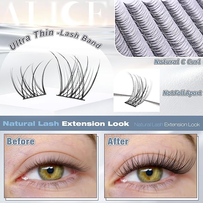 ALICE Short Lash Clusters Kit Natural Wispy Eyelash Clusters Kit 8-12mm Thin Band Cluster Eyelash Extension Kit for No Makeup Makeup Cleangirl Aesthetic