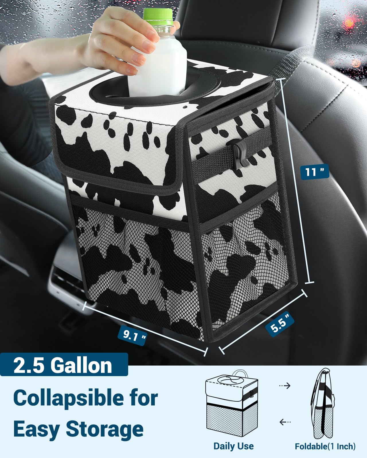Capolo Car Trash Can with Lid, Leakproof Car Trash Bag Hanging Waterproof Automotive Garbage Can with Storage Pockets Mini Vehicle Trash Bin for Back/Front Seat(Cow Print,2.5 Gallon)