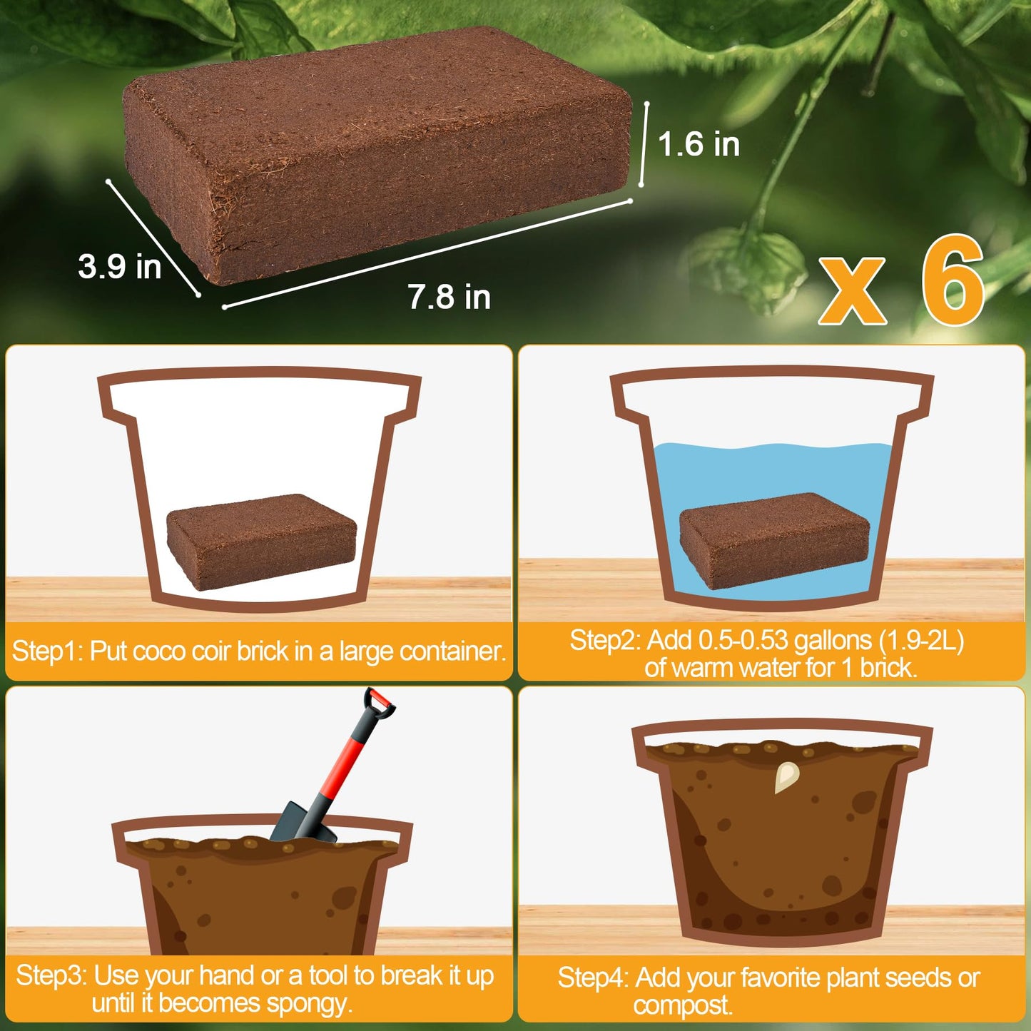 Organic Coco Coir 6 Pcs Compressed Coconut Coir Bricks Coconut Fiber Husk Substrate Mulch Coconut Bark Core Growing Medium Peat Moss Soil High Nutrition for Plants Gardening Seed Starting Soil Mix