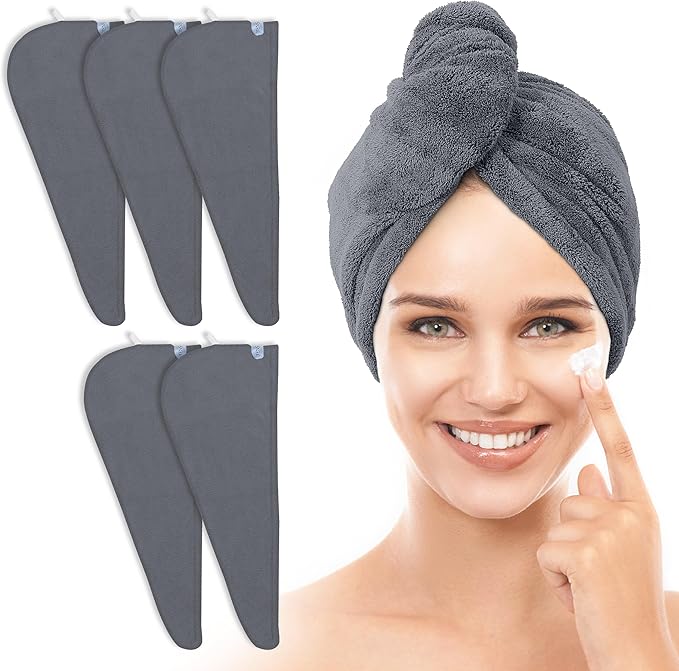 TENSTARS 5 Pack Thicken Microfiber Hair Towel Wrap for Women - Elastic Loop Design - 320GSM Coral Velvet - Quick Dry Hair Turban - 11x28 Inch (Dark Grey)