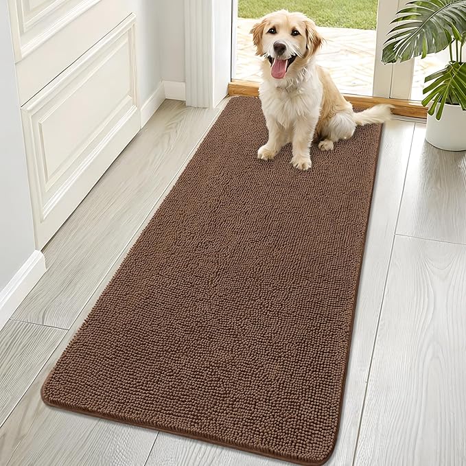 OLANLY Dog Door Mat for Muddy Paws 70x32, Absorbs Moisture and Dirt, Absorbent Non-Slip Washable Doormat, Quick Dry Chenille Mud Mat for Dogs, Entry Indoor Entryway Carpet for Inside Floor, Mocha