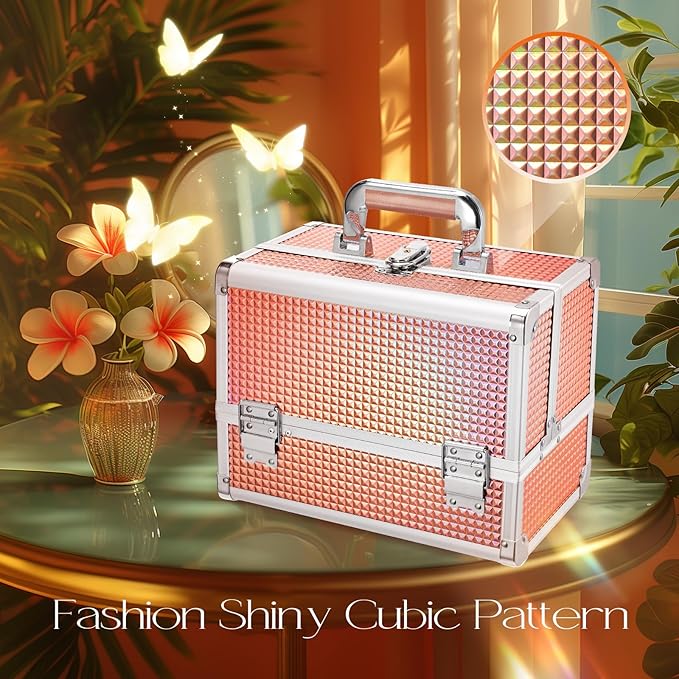 Joligrace Dazzle Gold Makeup Train Case, 3-Tier Makeup Box Organizer and Portable Makeup Organizer Box, Hard Makeup Case with Mirror and Lock, Professional Makeup Case for Women