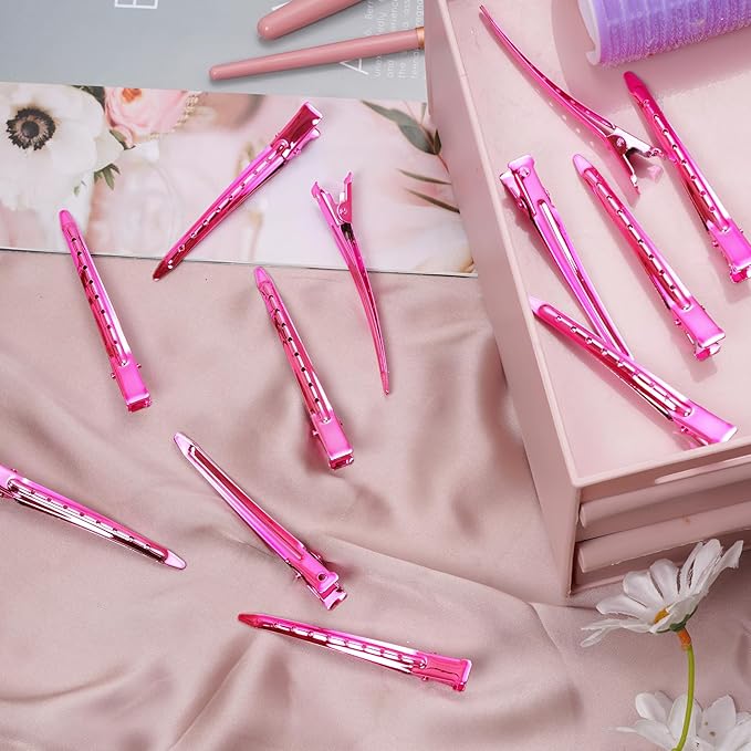 24 Packs Duck Bill Clips, Bantoye 3.35 Inches Rustproof Metal Alligator Curl Clips with Holes for Hair Styling, Hair Coloring, Bright Pink
