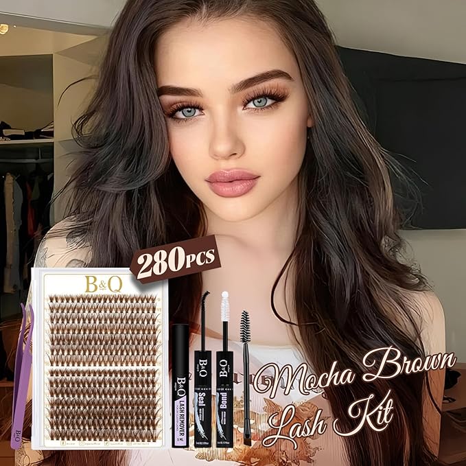 B&Q Mocha Brown Lash Clusters Kit | 280 Pcs Brown Wispy & Natural Eyelash Clusters for Beginner DIY, Complete Lash Extension Kit with Bond and Seal, Fake Eyelashes for Natural LookÃ¯Â¼Â40D+50D 9-16mm)