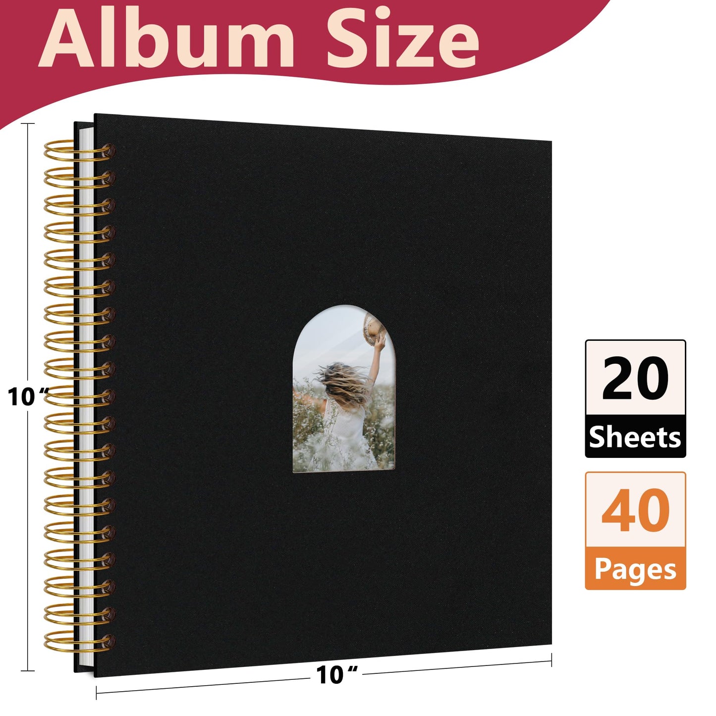 Vienrose 10X10 Inch DIY Scrapbook Album Linen Arch Window Photo Album 40 Blank Pages Scrap Book Photo Albums for Wedding Baby Shower, Black