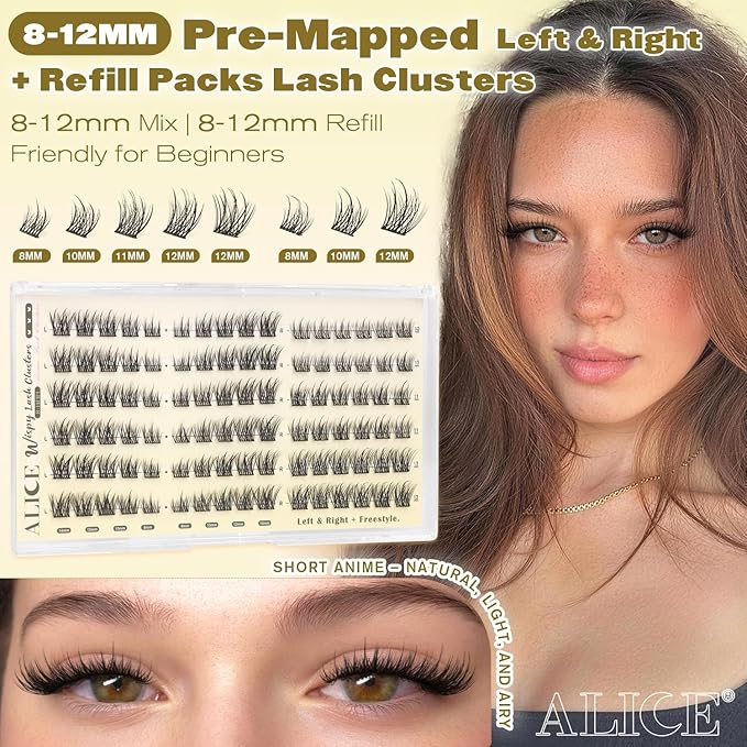 ALICE Natural Short Lash Clusters Wispy 8-12mm Cluster Eyelash Extensions Spiky Individual Lashes C-Curly Lash Extensions Thin Band Eyelash Clusters with Spikes