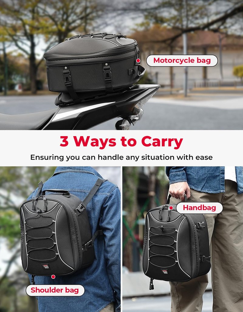 KEMIMOTO Motorcycle Tail Bag, Dual Use Motorcycle Rear Seat Bag with Waterproof Rain Cover, 22L-34L Expandable Motorbike Helmet Bag Luggage Storage Backpack with 6 straps
