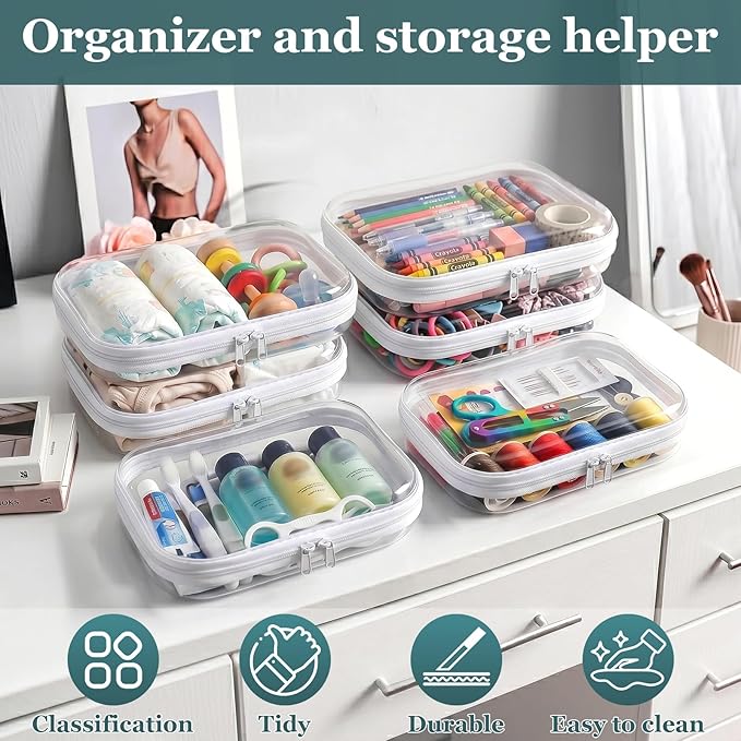 Clear Hard Shell Zipper Cases (6 Packs), Plastic Hard Sided Zippers Pouches Clear Hardshell Pencil Case For Storage, Diaper Bag Organizer Bliss Bins 6*Medium