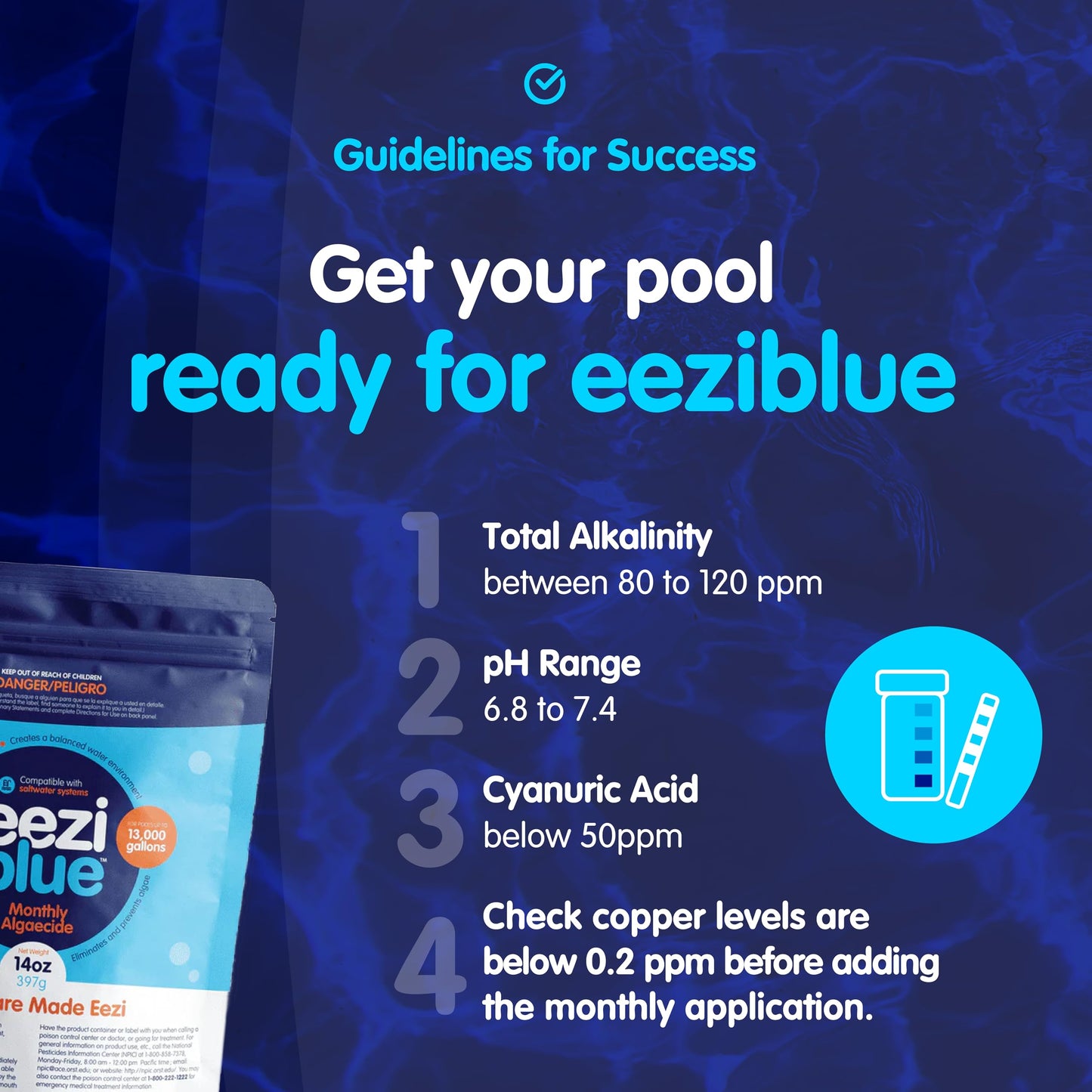Eeziblue Monthly Algaecide for Swimming Pool — Patented Zn-Cu Synergy™, Treats Green, Black & Mustard Algae, Inground & Above Ground Pools, Up to 20,000 Gallons, Pre-Measured Dose