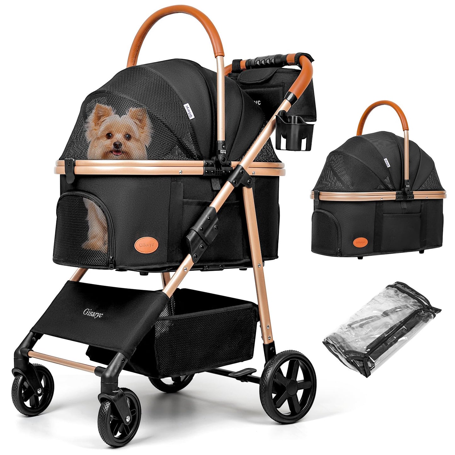 Dog Cat Stroller for Small/Medium Pets up to 50 lbs, 3-in-1 Foldable Pet Stroller with Detachable Carrier, Car Seat, Storage Basket, Cup Holder, Hanging Bag, Rain Cover, All-Terrain 4 Wheels (Black)