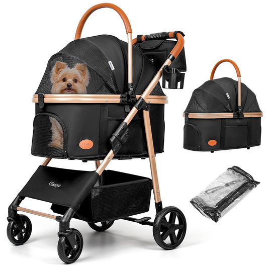 Dog Cat Stroller for Small/Medium Pets up to 50 lbs, 3-in-1 Foldable Pet Stroller with Detachable Carrier, Car Seat, Storage Basket, Cup Holder, Hanging Bag, Rain Cover, All-Terrain 4 Wheels (Black)
