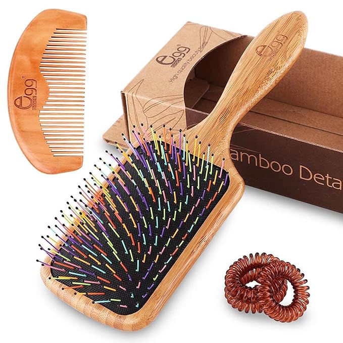 BLACK EGG Paddle Detangling Hair Brush for Women Girls, Rainbow Nylon Brush for Thick Thin Curly Hair, Includes Wooden Detangler Comb and 3 Hair Ties, Valentine’s Day Gift