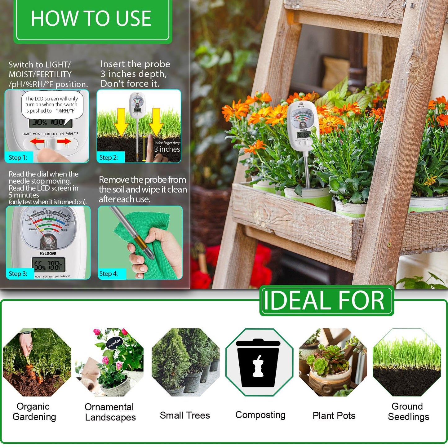 HSLGOVE Soil Test Kit, 7-in-One Soil Moisture Meter/Soil PH Meter/Fertility, Dual Screen Soil Tester w/Digital Soil Temp/Air Temp&Humidity for Plants Gardening,Lawn,Farm Indoor&Outdoor-Lvory White