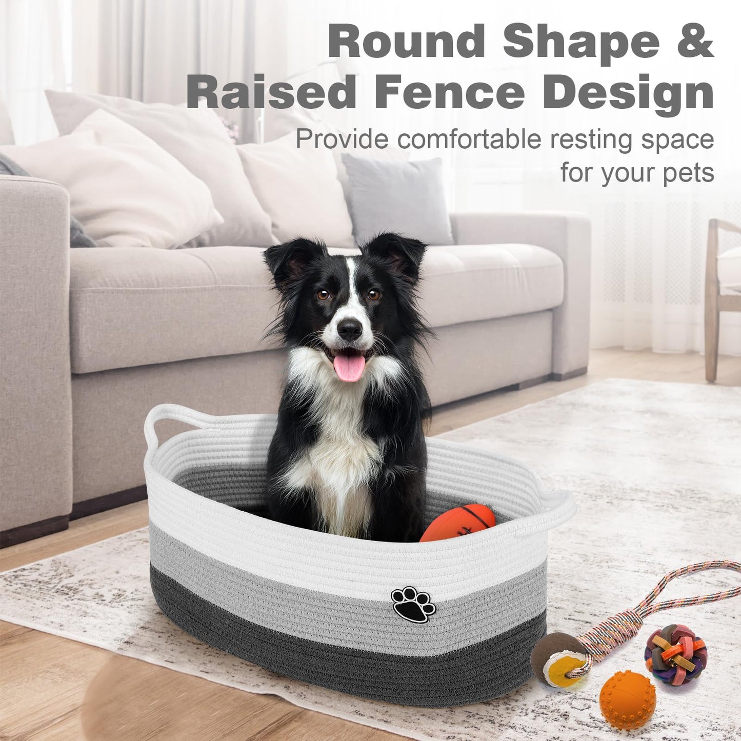 Optish Dog Toy Basket, Toy Box and Bin for Dog Cat Storage, 19.7" X 11" X 7.9" (30L) Large Woven Basket for Blanket Storage, Rope Baskets for Living Room, Bedroom, White & Grey