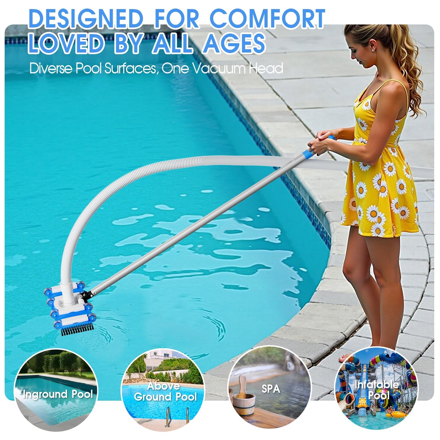 2026 TidyMister Pool Vacuum Head with Swivel Handle - 16in Eazy-to-Use Daily Cleaning Vacuum Head with Side Brushes and Wheels and Hose Connect for 1-1/4in or 1-1/2in for Inground & Above Ground Pools
